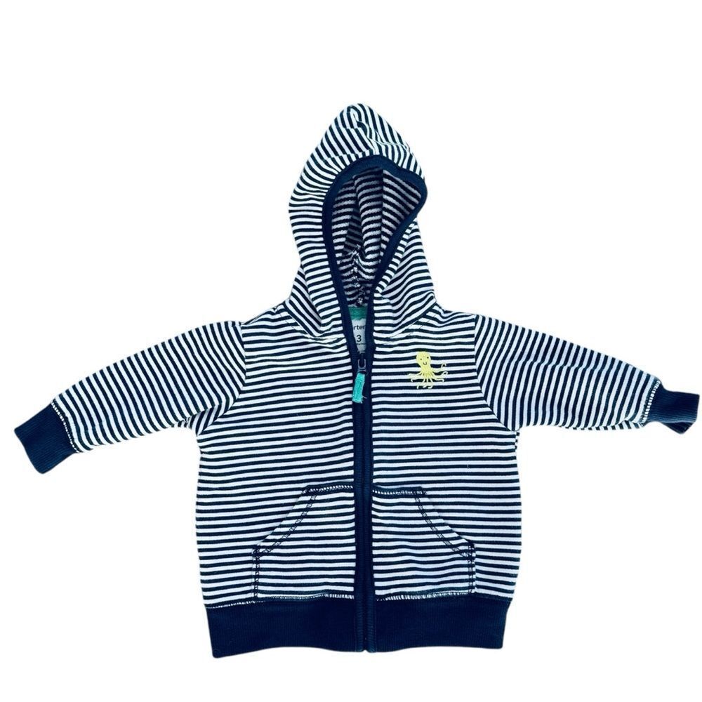Carter’s Baby Boys Striped Octopus Zip Up Long Sleeve Cotton Hoodie. 3 Months.